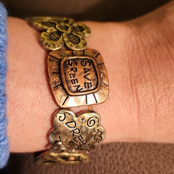 5/$15 Multi tone metal bracelet, bohemian style with save the Earth phrases - Picture 3 of 7